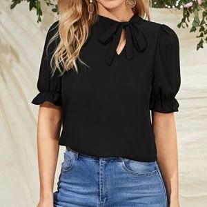 Luxe ruffle trim tie neck blouse